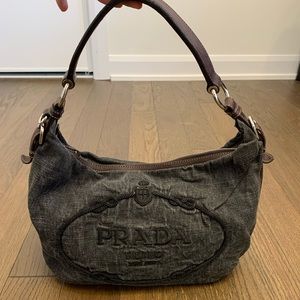 Authentic Prada Denim Embroidered Logo Brown Leather Calf Trim Hobo Shoulder Bag